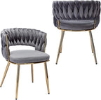KCC Velvet Dining Chairs Set of 2, Gold Modern Dining Chair with Metal Legs, Woven Upholstered Dining Chairs for Dining Room, Kitchen, Vanity, Living Room (Gray)