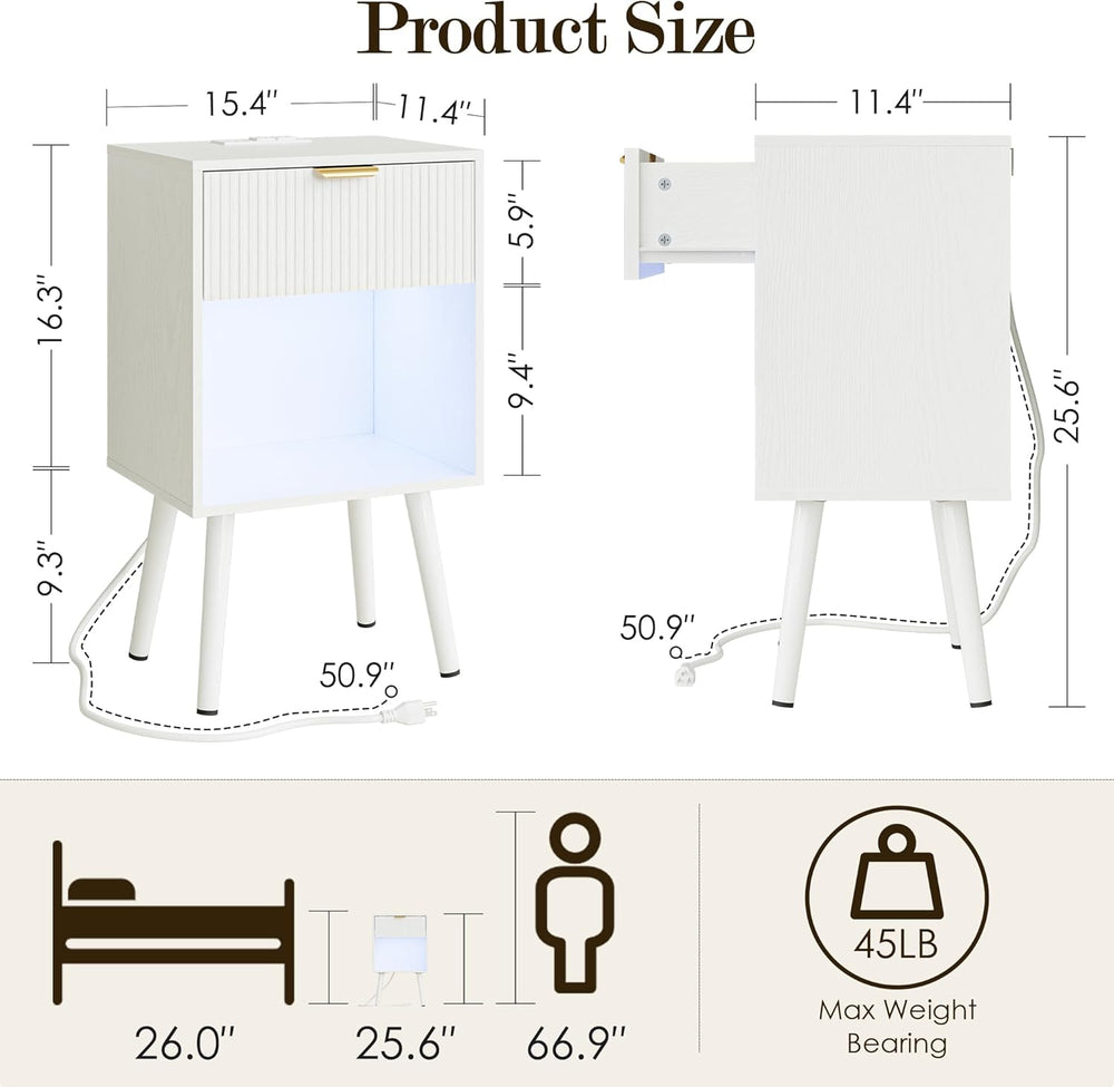 White Fluted Nightstand with Charging Station, Modern Bedside Table with Stor...