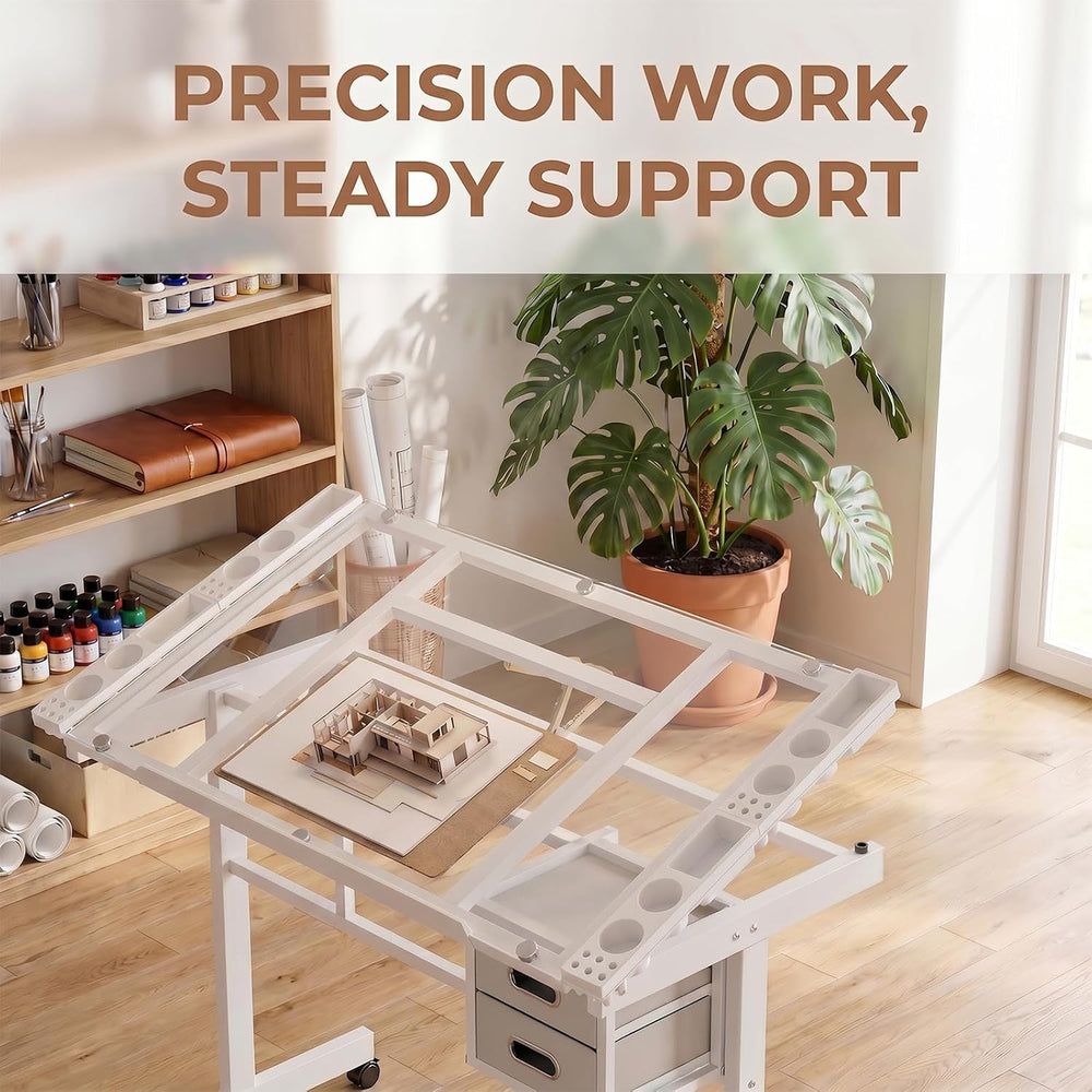 Adjustable Drawing Table for Adults, 0-70° Tilt Glass Top Artist Desk with 2 ...