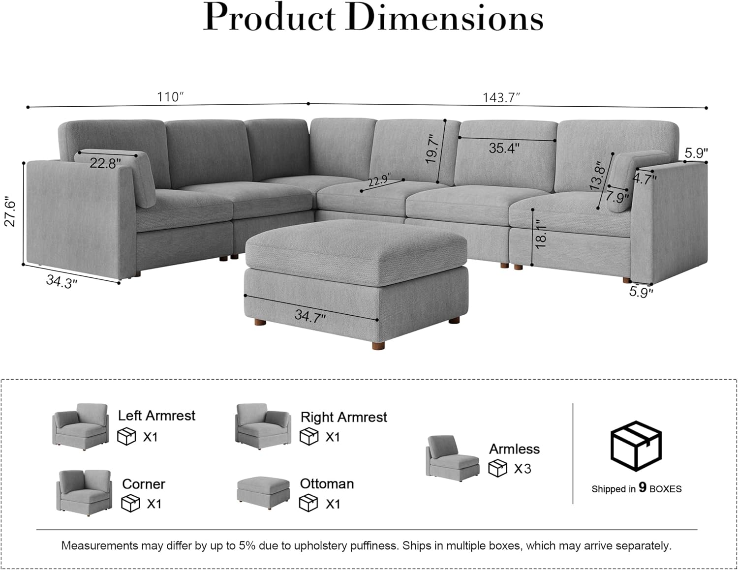 Oversized Modular Sectional Sofa V-Shaped Cloud Couches Gray | 7 Seater Large Deep Seat Couch Luxury Sectional Couches for Living Room, Solid Wood Frame, Removable Washable Cover