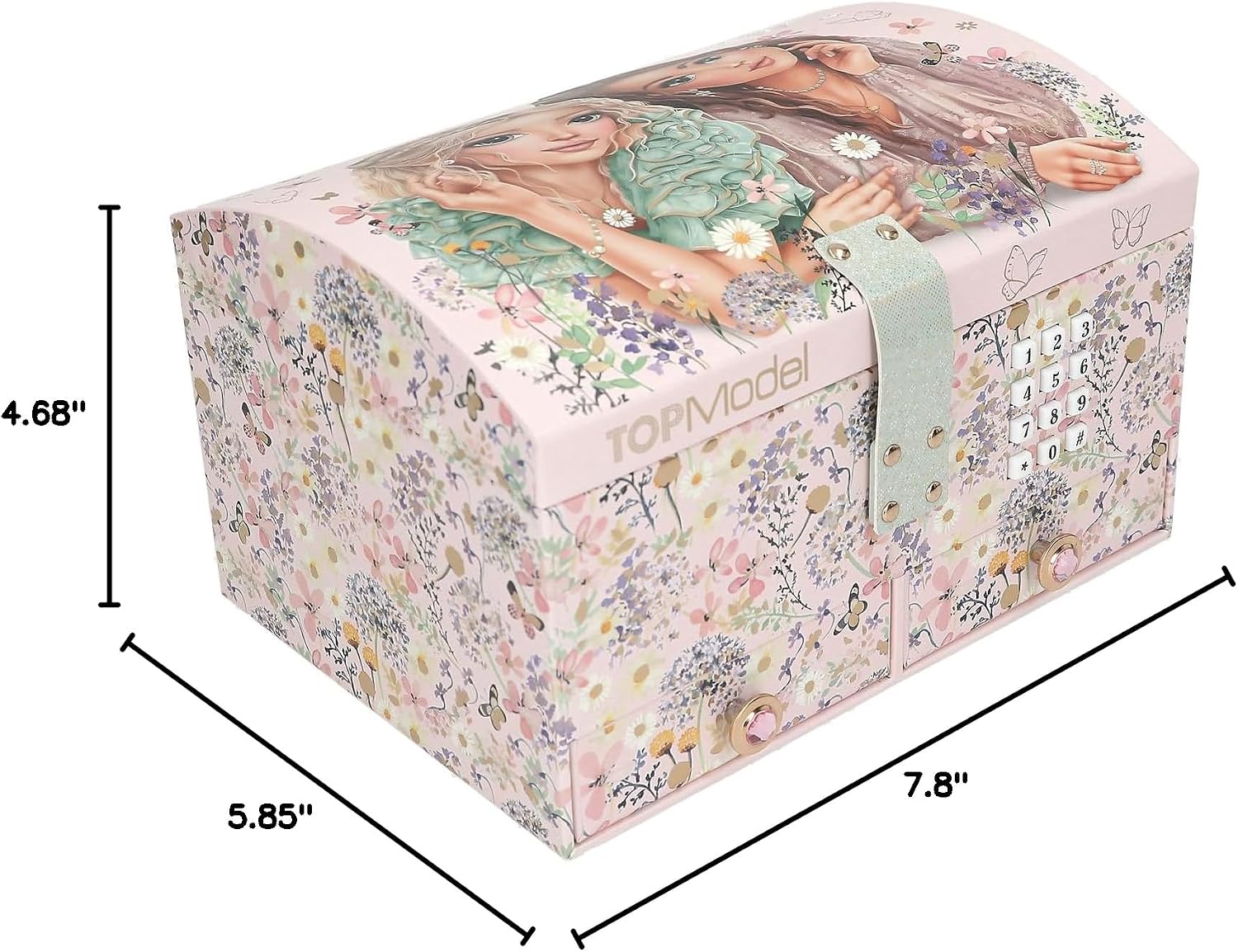 Depesche TOPModel Summer Feeling 13579 Large Jewellery Box in Pink with Model Motif and Floral Details, Jewellery Box with Code, Sound and Mirror