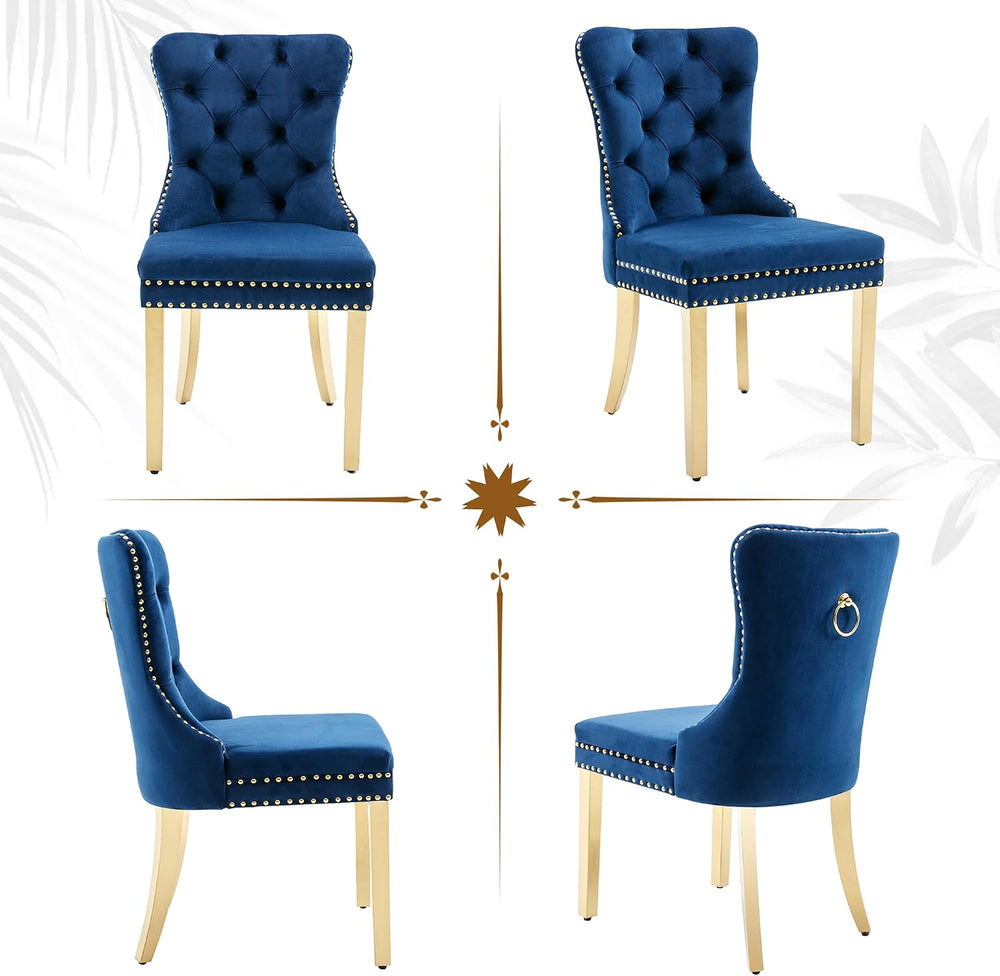 Blue Velvet Dining Chairs Set of 2, Elegant Tufted & Nailhead, Gold Legs ...