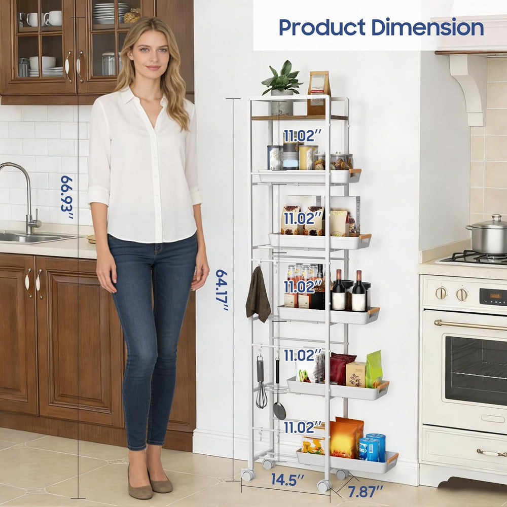 6 Tier Slim Storage Cart with Pull-Out Baskets Rolling Cart with Wheels Wood ...