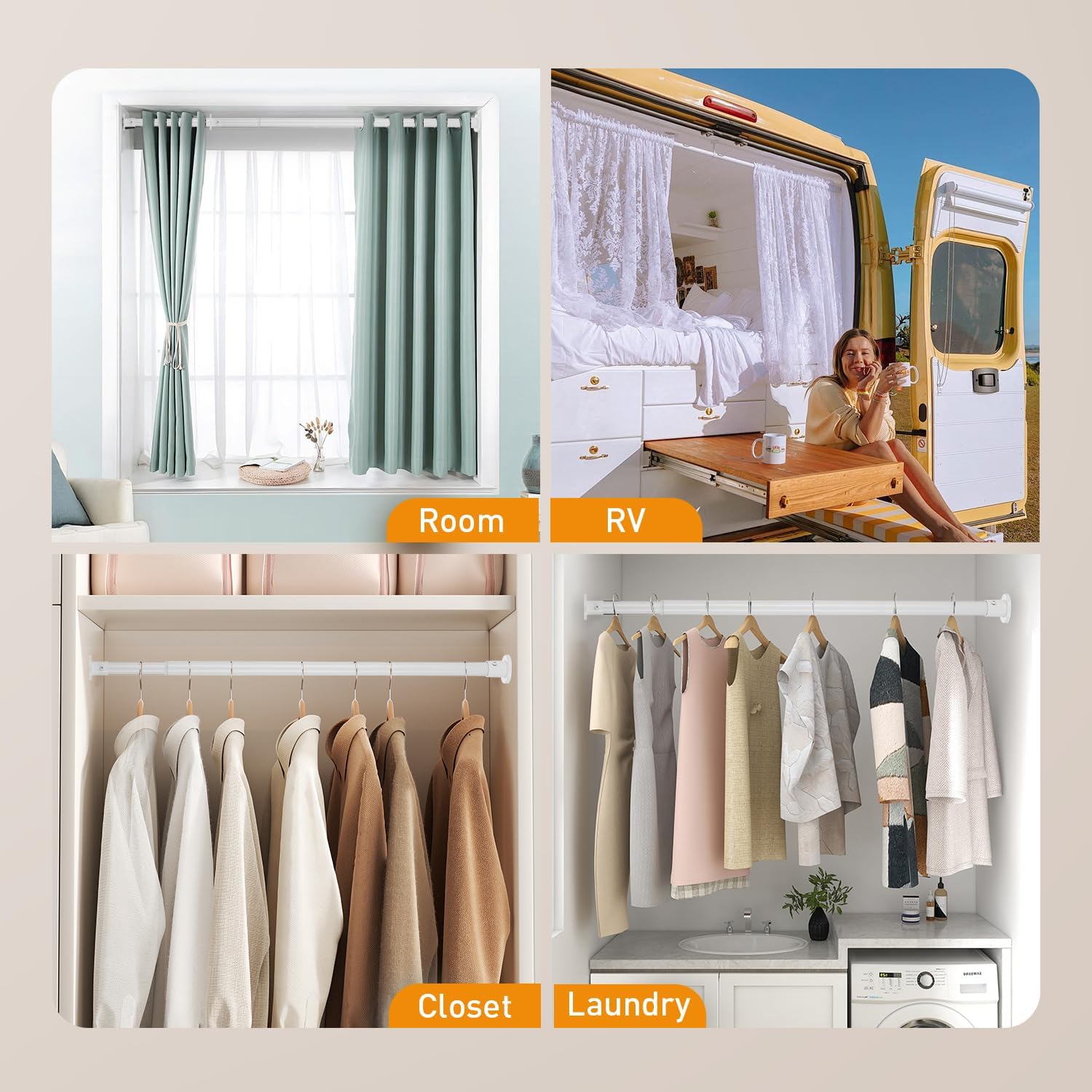 White Adjustable Closet Rod 18-48 Inches, Heavy Duty Metal Clothes Hanging Rod, Rust-Proof Non-Slip Wardrobe Bar for Closet, Laundry Room, RV