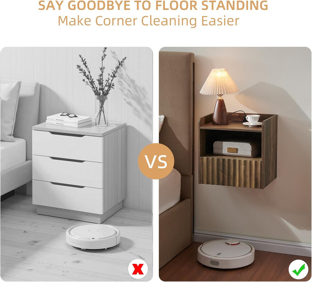Modern Fluted Floating Nightstand Wall Mounted Set of 2- Bedside Table with S...