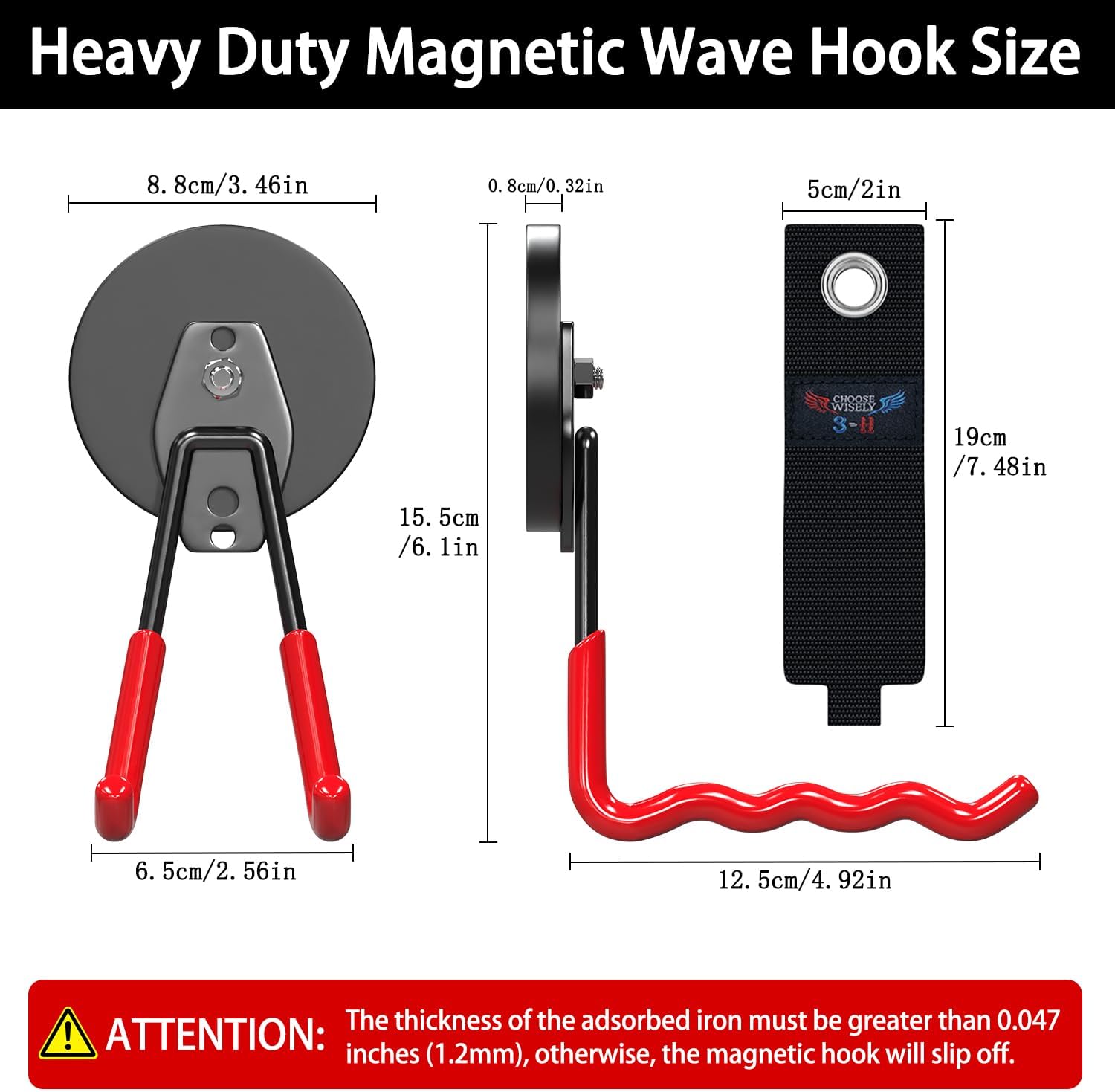 3-H Magnetic Wave Hooks Heavy Duty 2 Pack, Large Magnet Garage Hooks Heavy Duty and Strong Utility Magnetic Tool Holde for Hanging and organizing Garden Power Tool (Red