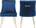 Velvet Dining Chairs Set of 2, Modern Upholstered Kitchen Chair with Pull Handle & Pleated Back, Mid Century Accent Chair with Gold Metal Legs for Vanity,Dining,Kitchen,Living Room, Dark Blue