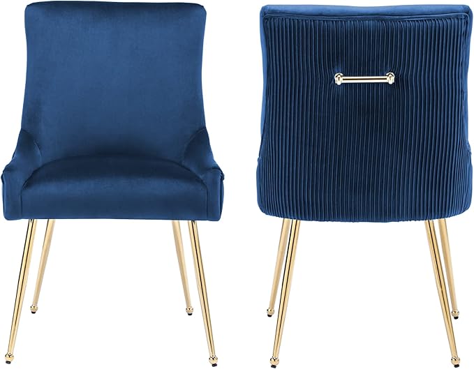Velvet Dining Chairs Set of 2, Modern Upholstered Kitchen Chair with Pull Handle & Pleated Back, Mid Century Accent Chair with Gold Metal Legs for Vanity,Dining,Kitchen,Living Room, Dark Blue