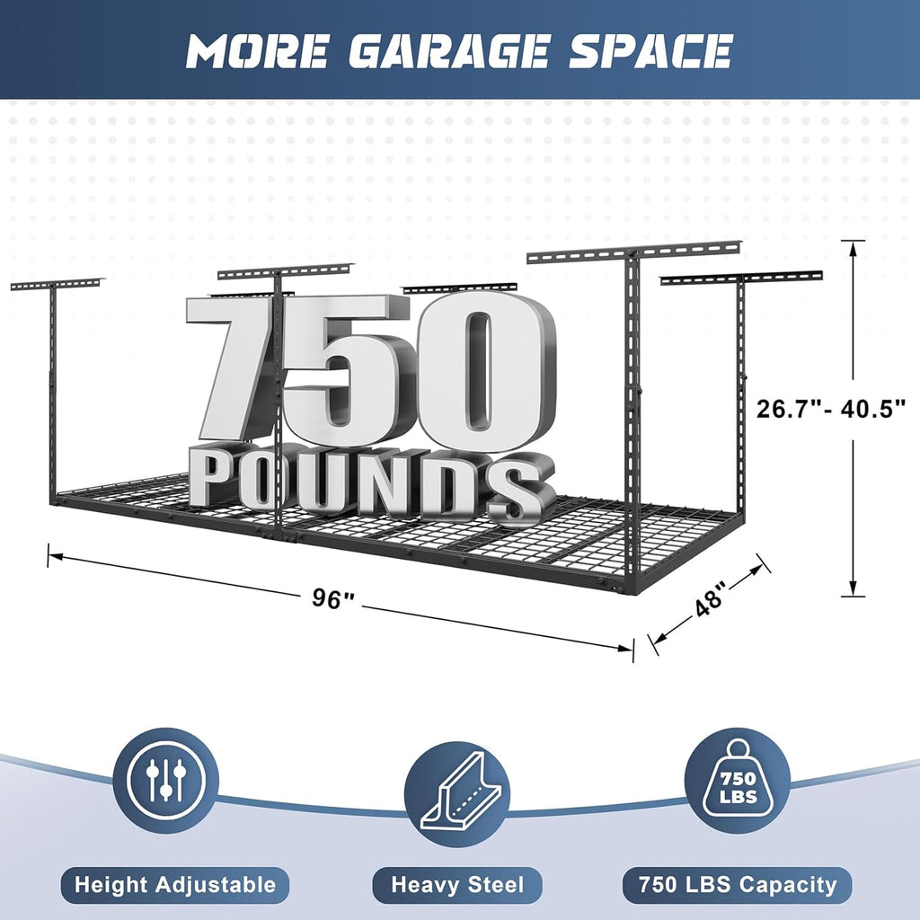 Jusgym 4X8FT Overhead Garage Storage Rack, 26"-40" Height Adjustable Garage Ceiling Storage Racks, Heavy Duty Metal Overhead Storage Organizer System, 750LBS Weight Capacity