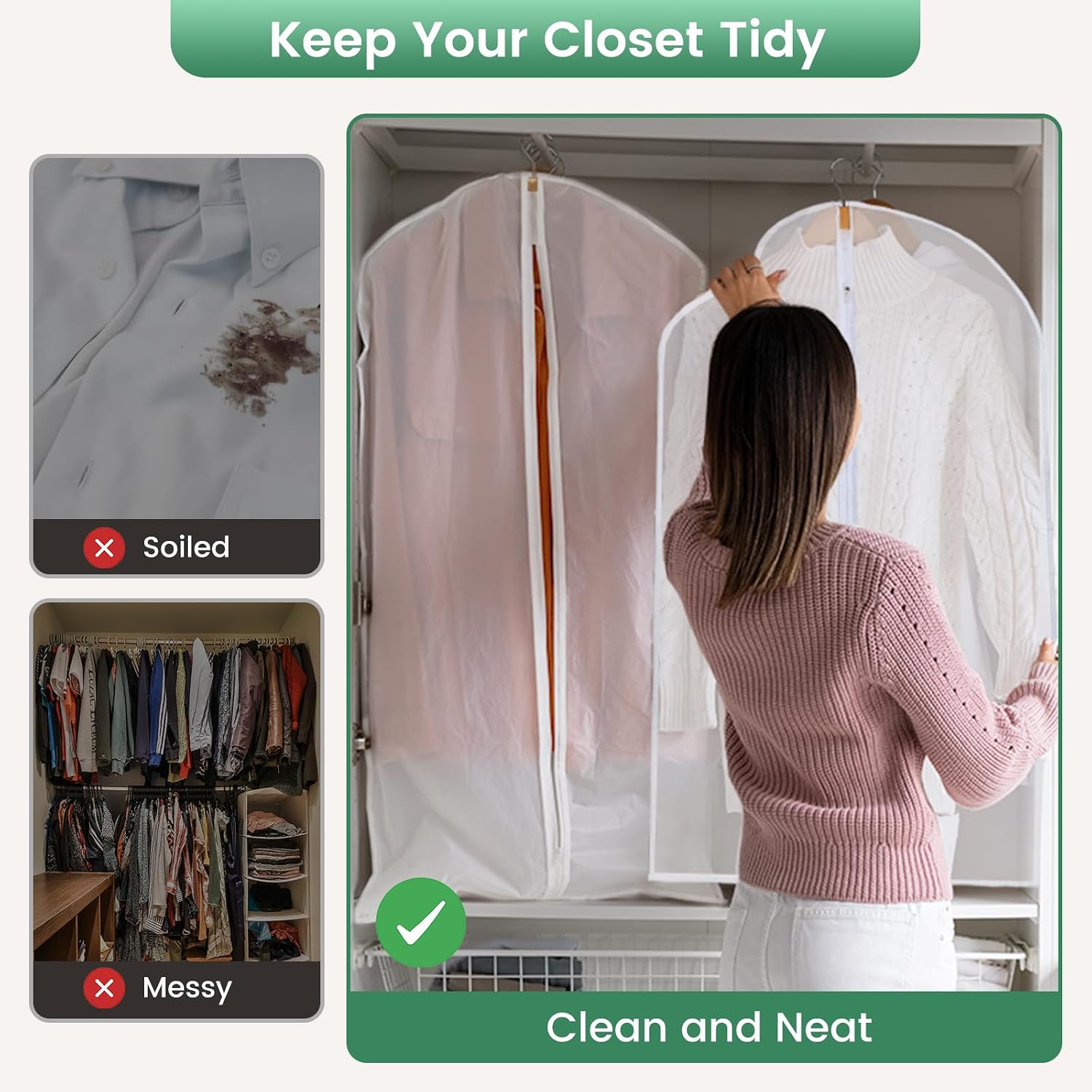 Carbrea 6 Pack Translucent Garment Bags for Hanging Clohes - 24" x 42" | Thick PEVA Materials, Smooth Zipper, with Zipper Protection, Breathable, Washable, Reusable, for Closet Storage, Travel Use