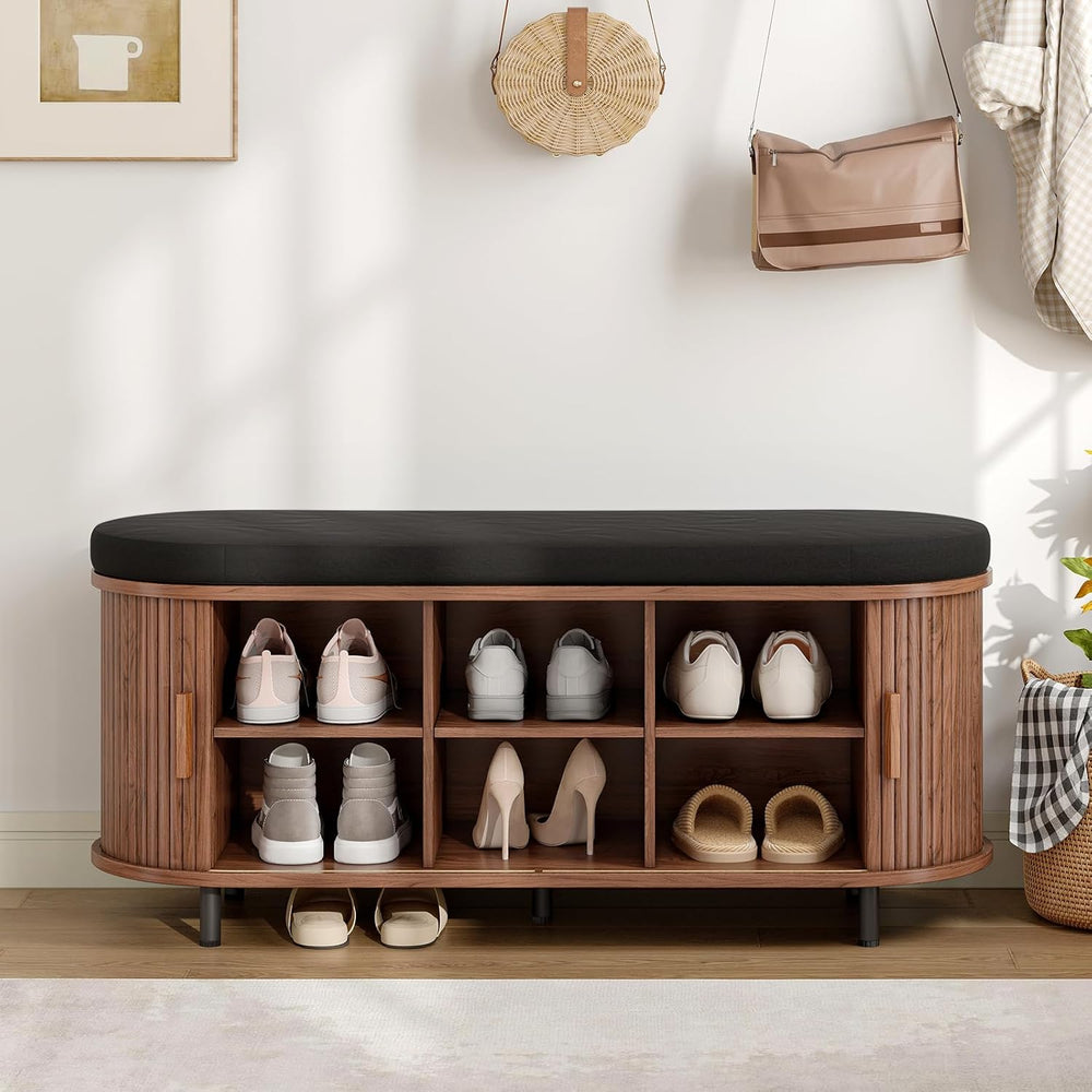 ONBRILL 43" Shoe Bench with Storage, Fluted Shoe Storage Bench with Cush...
