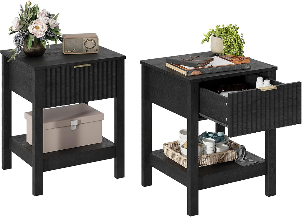 Fluted Night Stand with Golden Handle,Set of 2 Mid-Century Nightstands with Drawer, Bedside Table with Storage Shelf, Side Tables for Room,End Tables for Bedroom,Black Wood Grain