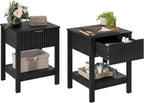 Fluted Night Stand with Golden Handle,Set of 2 Mid-Century Nightstands with Drawer, Bedside Table with Storage Shelf, Side Tables for Room,End Tables for Bedroom,Black Wood Grain