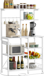 HOOBRO Large Bakers Rack with Power Outlets, 6-Tier Microwave Stand with 4 Hooks, Coffee Bar, Kitchen Shelf with Wire Basket, for Kitchen, Living Room, Office, White WW64UHB01