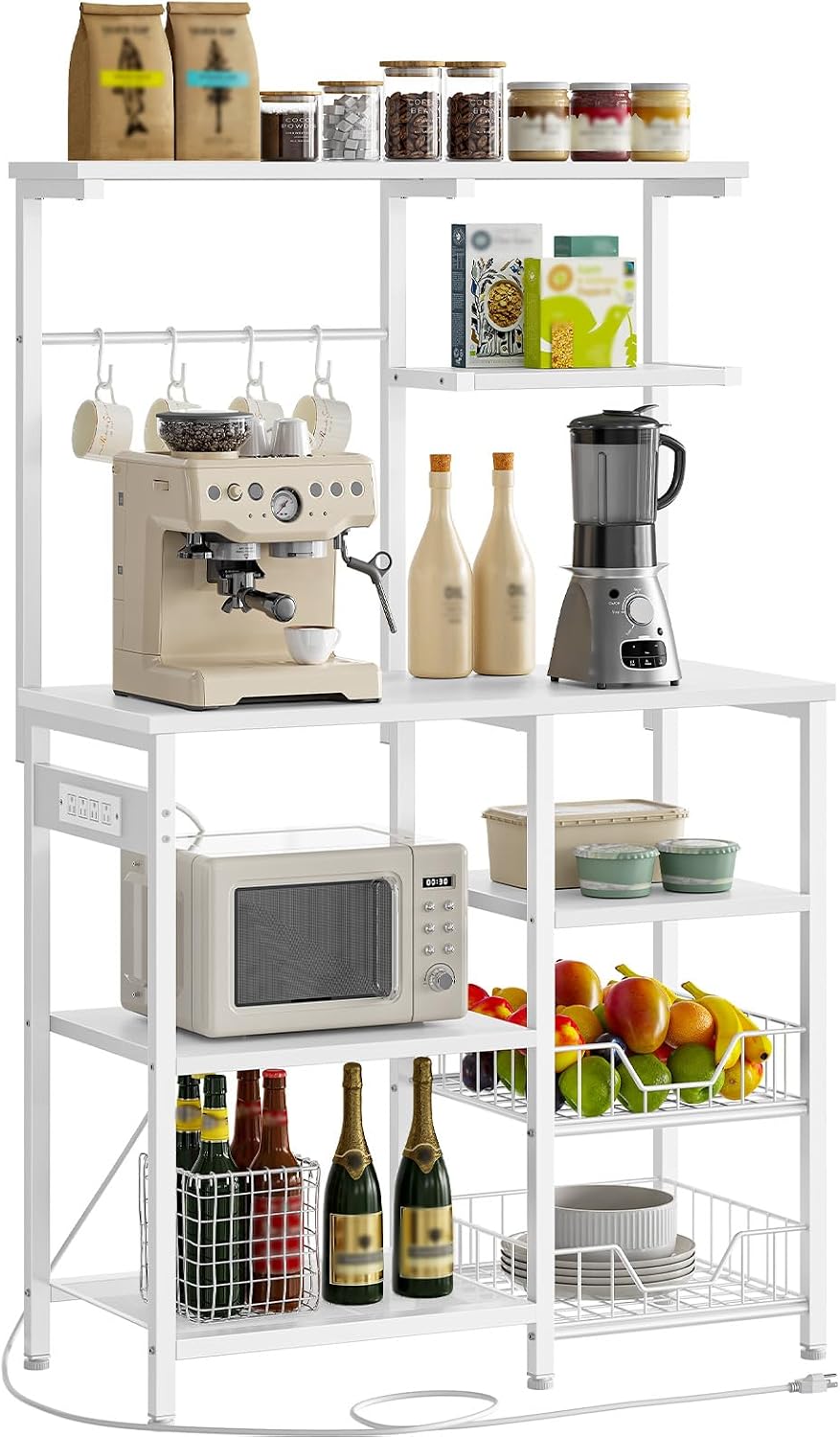 HOOBRO Large Bakers Rack with Power Outlets, 6-Tier Microwave Stand with 4 Hooks, Coffee Bar, Kitchen Shelf with Wire Basket, for Kitchen, Living Room, Office, White WW64UHB01