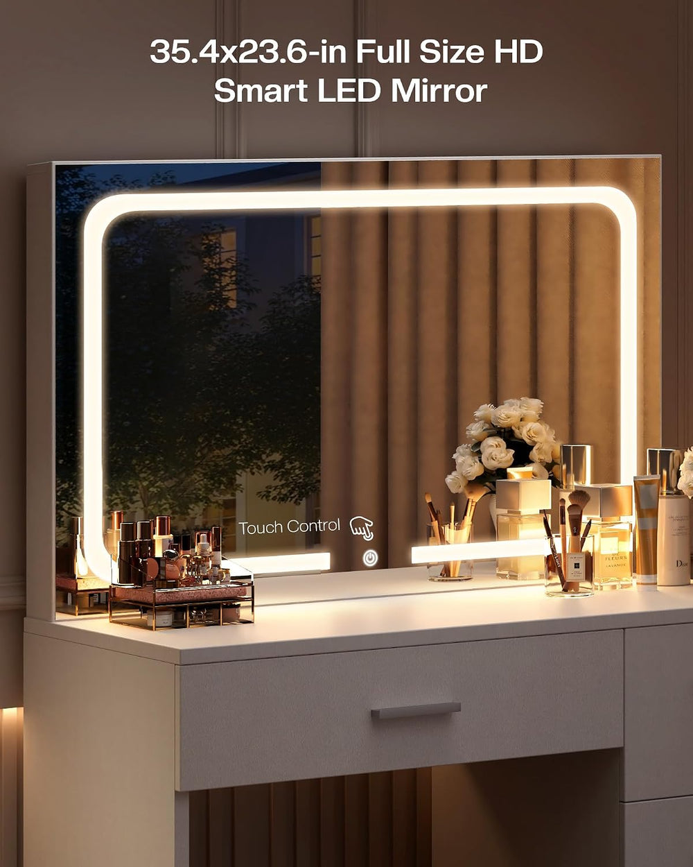 LIVELYGLOW 35.4" White Vanity Desk Set with Full-Width LED Mirror & ...