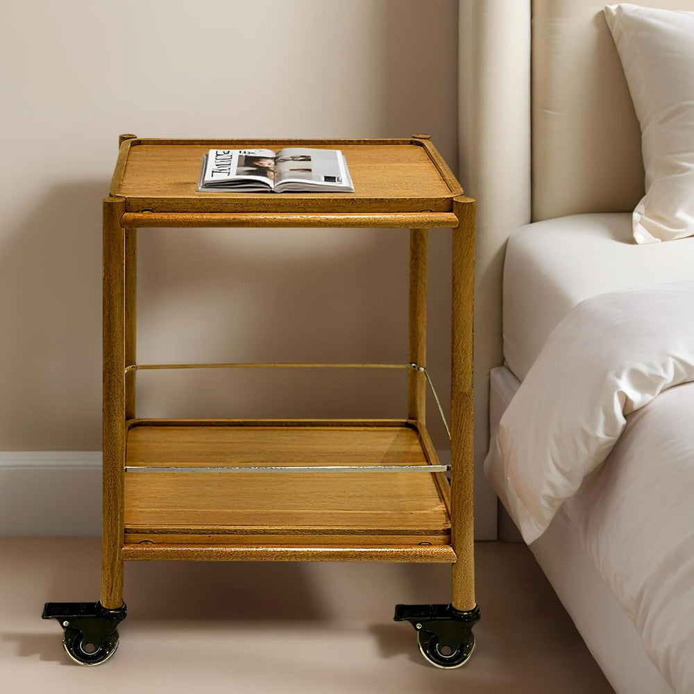 Acacia Wood Rolling Side Table, 2-Tier with Lockable Wheels & Removable T...