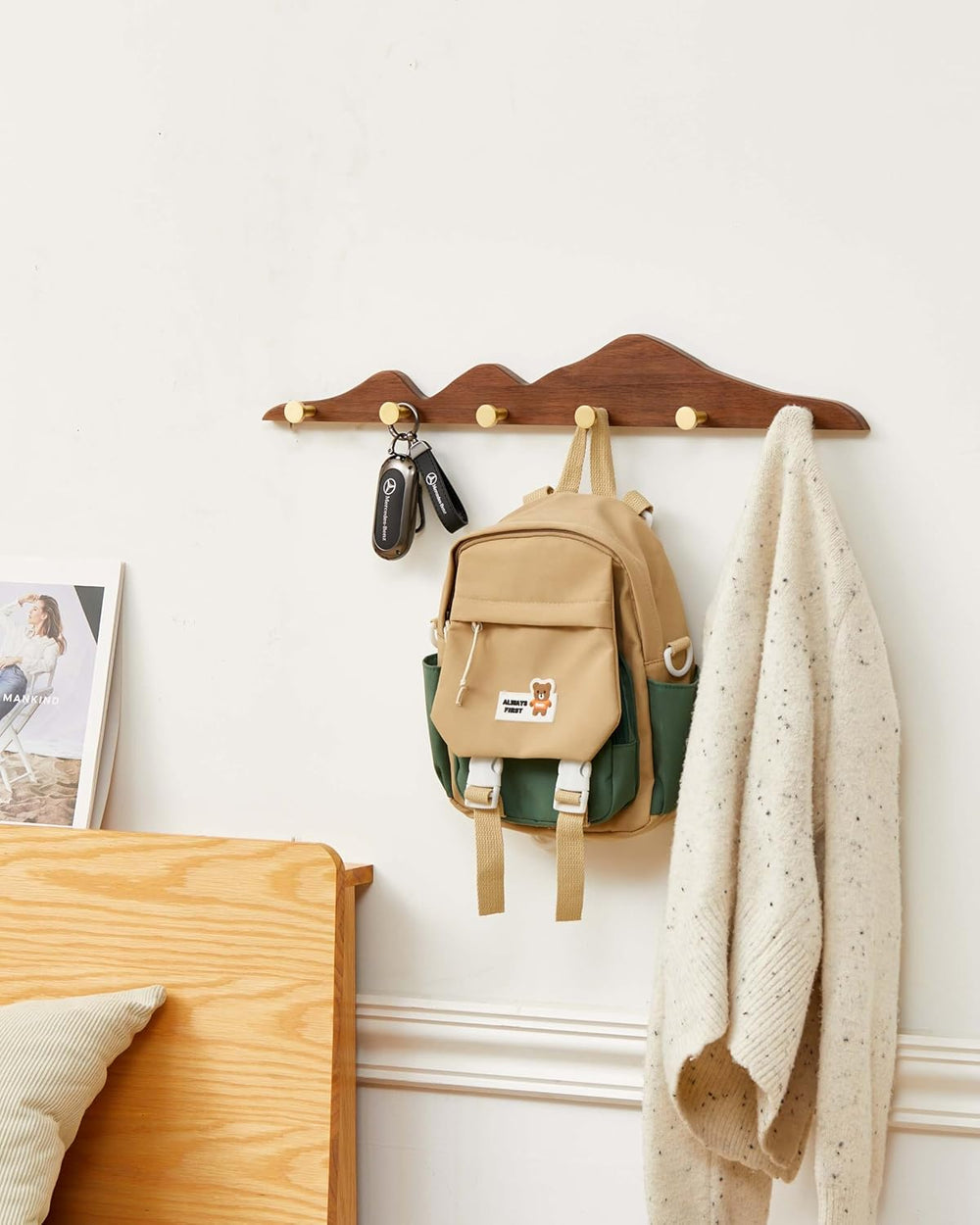 Wood Coat Hooks Wall Mount - Wooden Coat Rack with 6 Gold Brass Hooks for Ent...