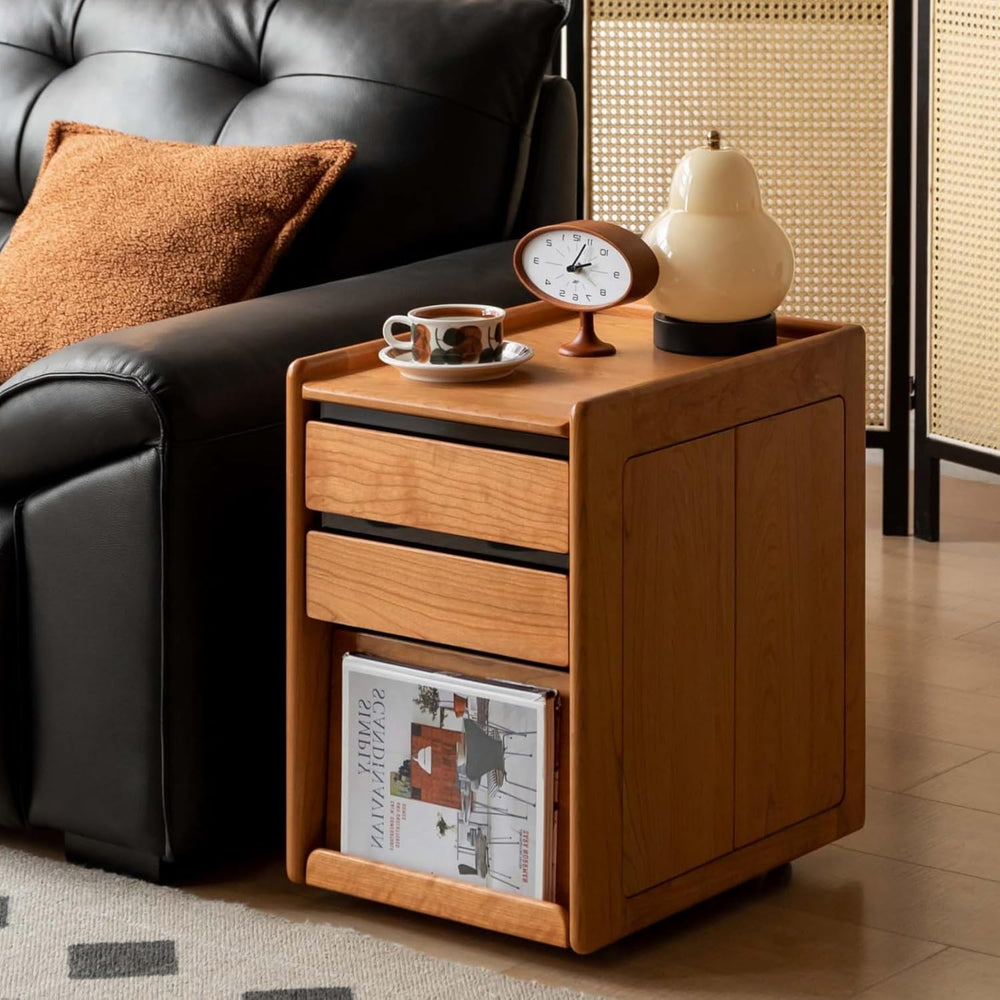 YESWOOD Solid Cherry Wood Side Table with Wheels, Narrow Side Tables with Sto...