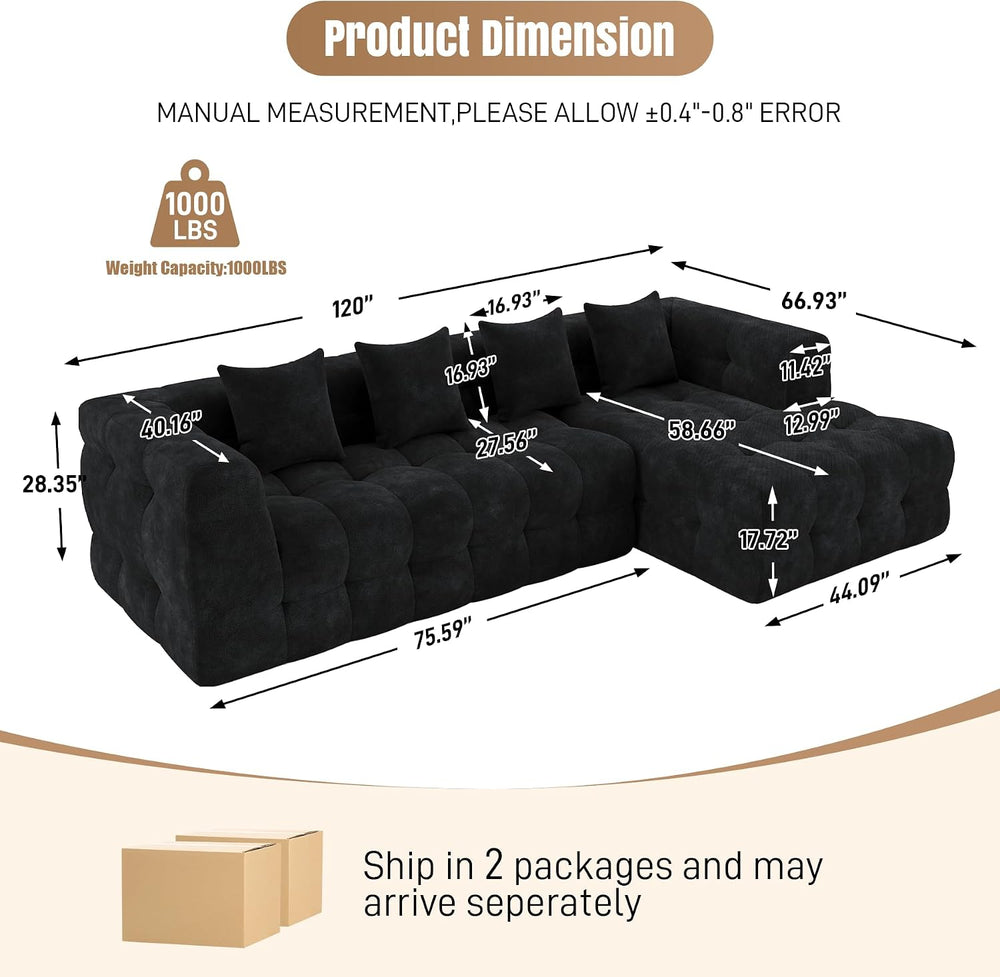 120" Sectional L-Shaped Couch for Living Room, Right Facing, Black | Clo...