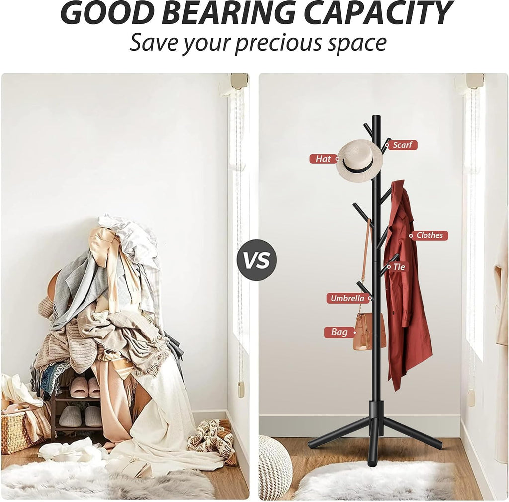 Unisakey Durable Wooden Coat Rack, Freestanding Coat Rack with Stable Triangular Base, 8 Hooks & 3 Adjustable Heights, Simple Assembly for Bedroom, Hallway, Office(New Black)
