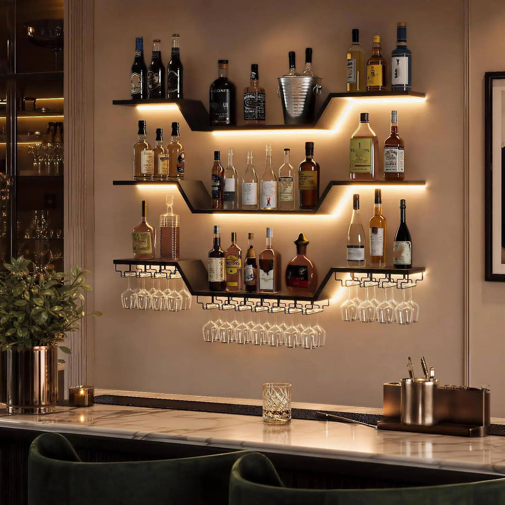 Wall Mounted Wine Rack with LED Lights | 3-Tier Floating Bar Shelves, Hanging...