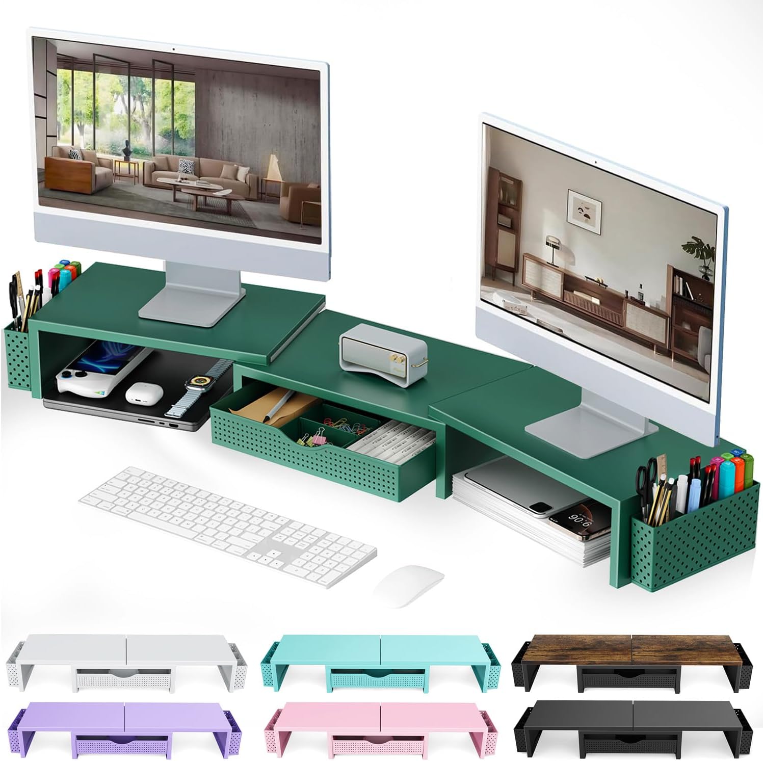 gianotter Dual Monitor Stand Riser, Desk Organizer With Drawer and 2 Pen Holders, Monitor Stand for Desk, Office Decor Essentials (Green)