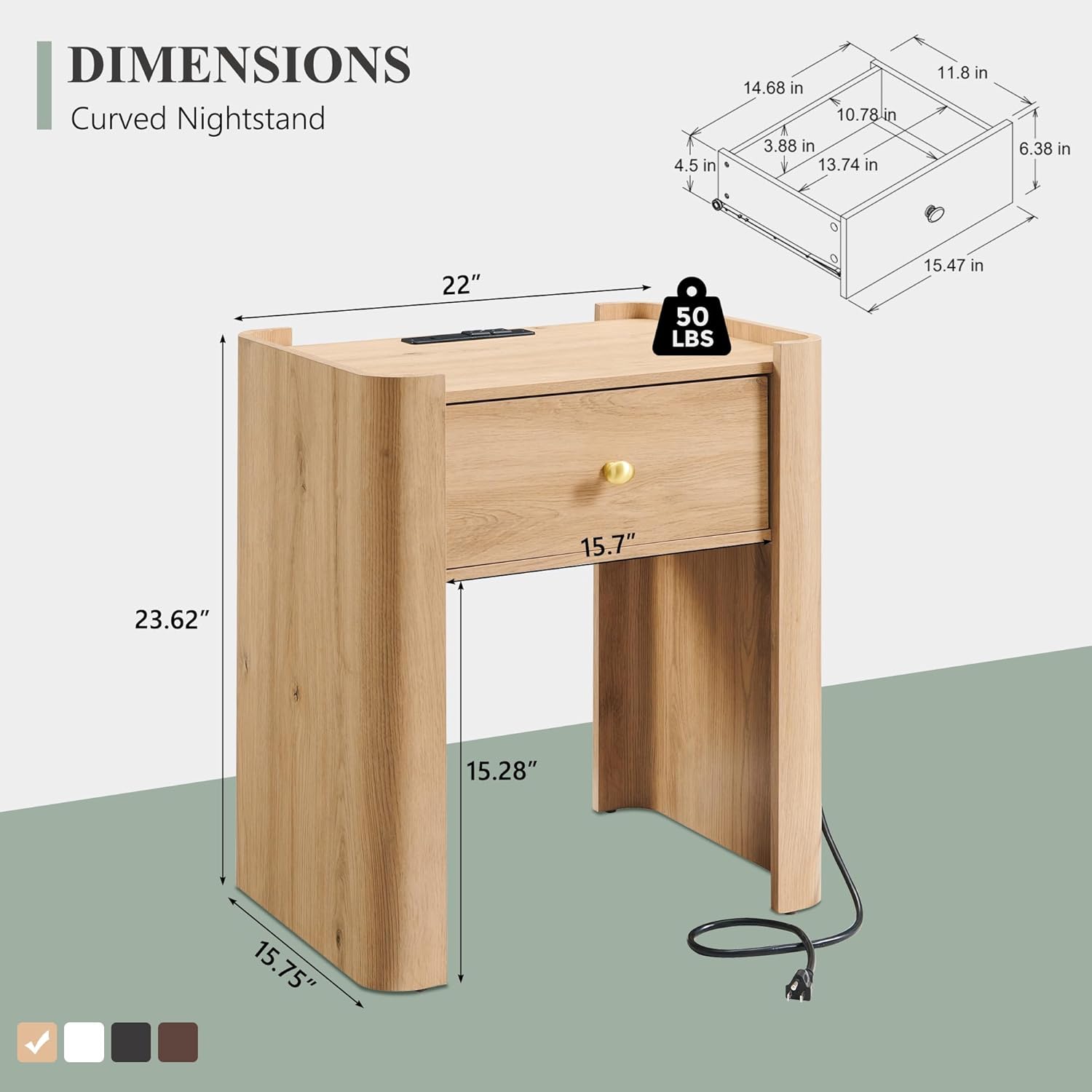 23.6" Tall Modern Nightstand Set of 2, 22" Wide Curved Bedside Table with Charging Station, Wooden Night Stand with 1 Storage Drawer, Large End Table for Bedroom, Living Room, Natural