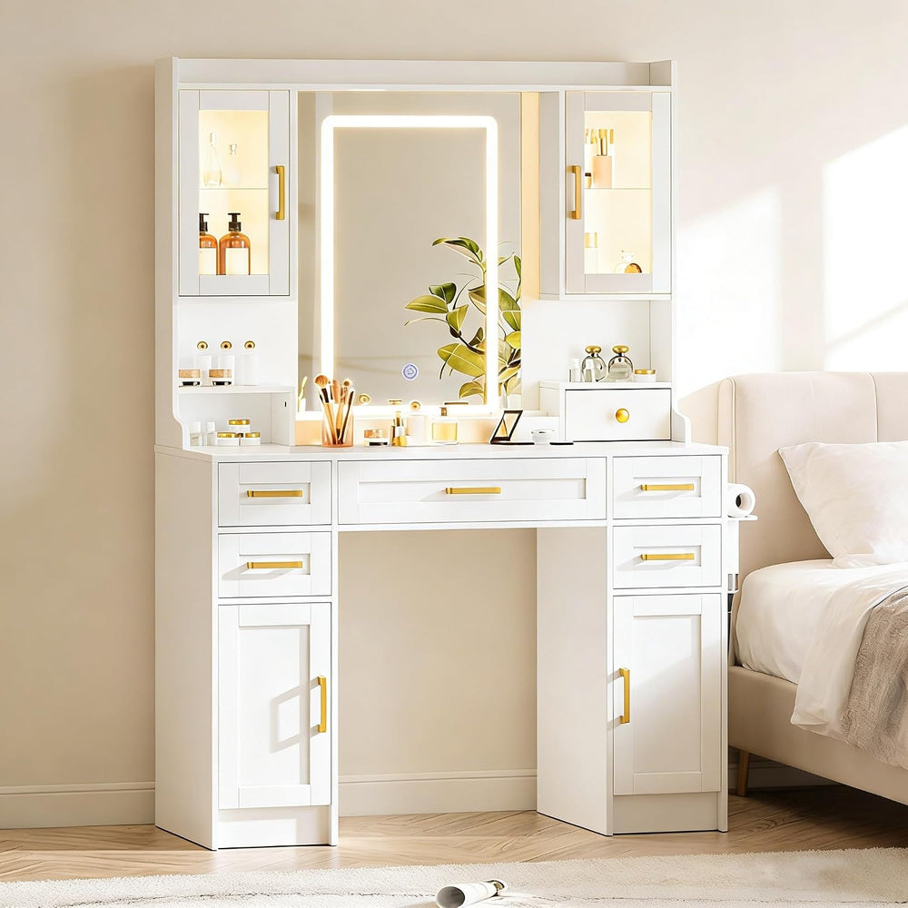 KAMABOKO Vanity Desk with Mirror and LED Lights & Power Outlet | Large Ma...