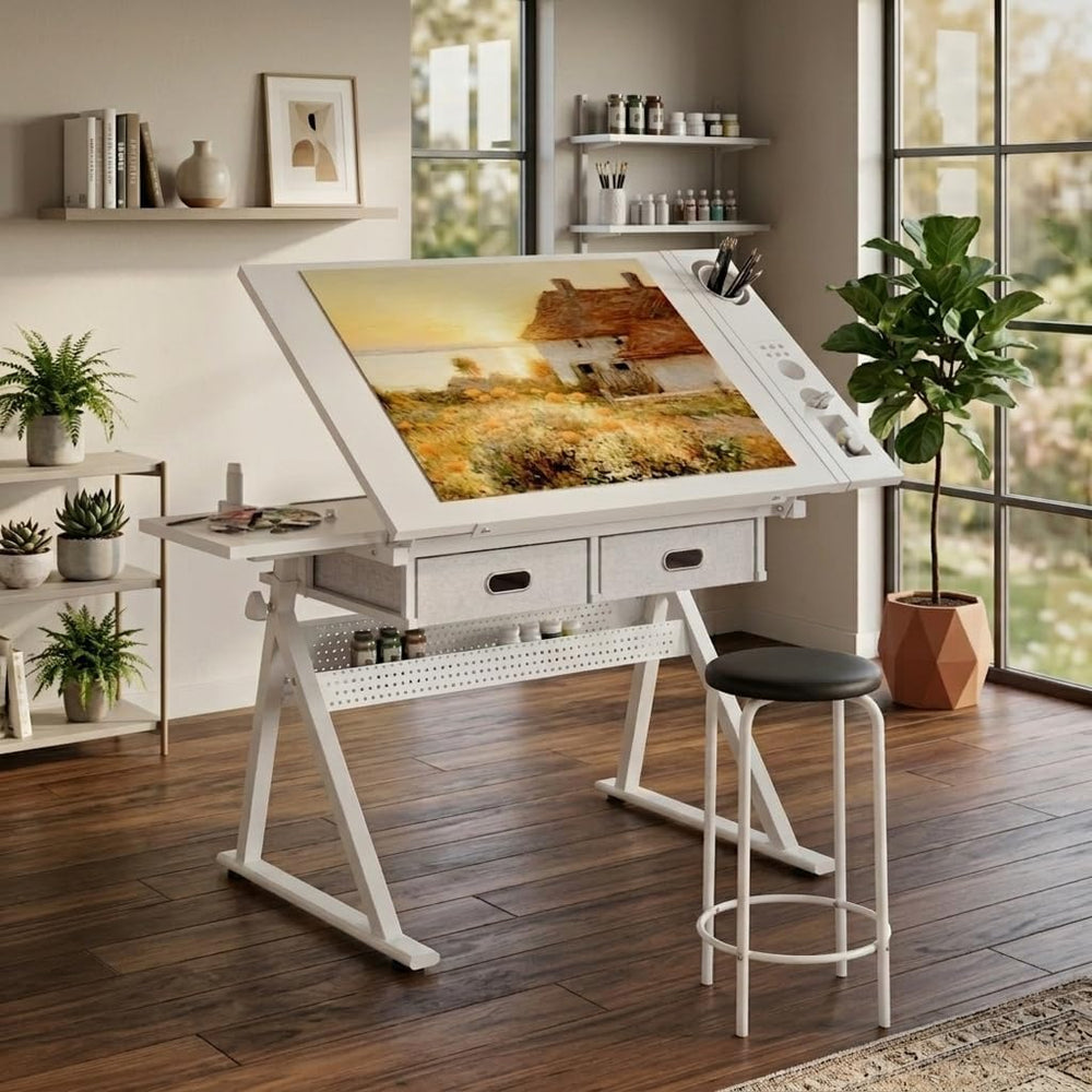 Tiltable Drafting Table with Stool, Adjustable Art Desk for Home Use