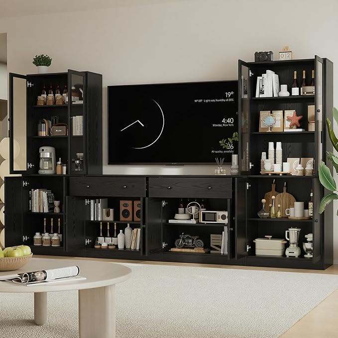 TUSY 71" TV Stand Storage Set - 2 Tall Bookcases & 2 Side Cabinets, Media Console with Glass & Wood Doors, Entertainment Center with Drawers, Tall Media Console for Living Room (Black, AEEA)