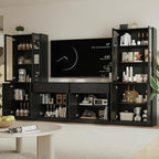 TUSY 71" TV Stand Storage Set - 2 Tall Bookcases & 2 Side Cabinets, Media Console with Glass & Wood Doors, Entertainment Center with Drawers, Tall Media Console for Living Room (Black, AEEA)