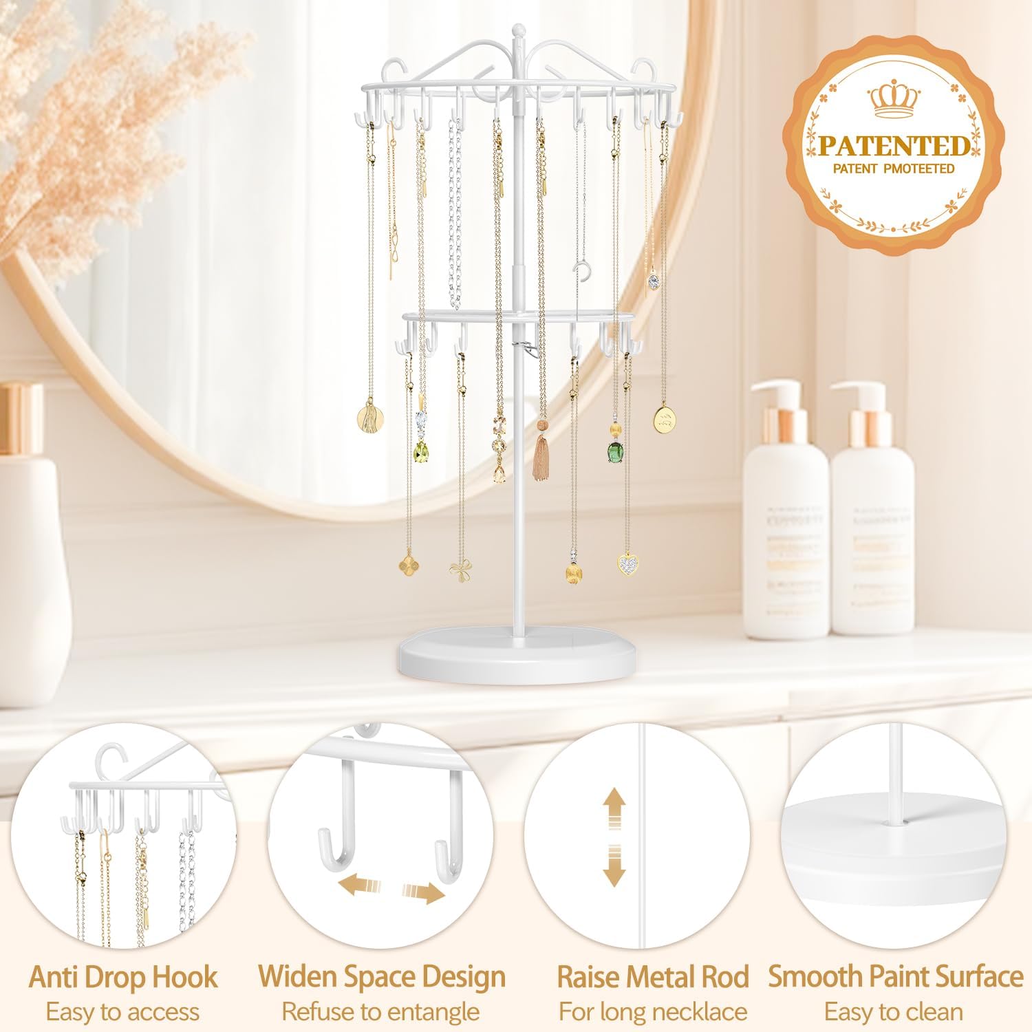 MODOWEY Rotating Necklace Holder Organizer Display Stand with 42 Hooks, 2 Tier Adjustable Metal Tree for Long Necklace Hanger Selling, Tall Spinning Bracelet Storage Rack for Men Women, White