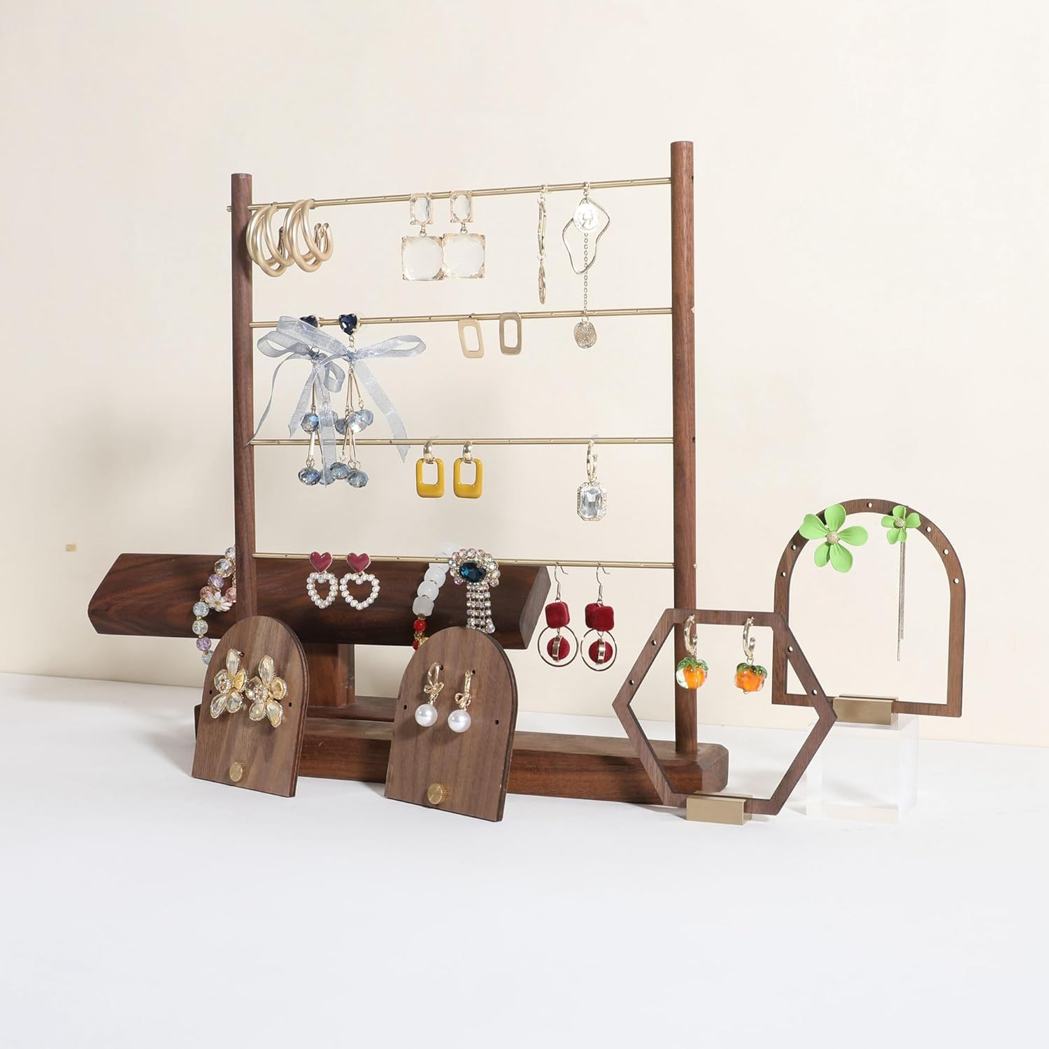 GemeShou Walnut earrings display stand for selling, wooden jewelry earring organizer shelf, wood earring storage organizer rack for boutique store【Earring shelf-Large】