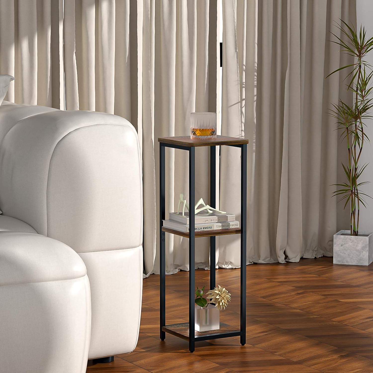 10" Wide Square Drink Table with Adjustable Feet - 3-Tier Small Side Table for Apartments, Balcony & Office | Space-Saving, Lightweight & Multi-Functional (Plants, Books, Drinks, Brown)