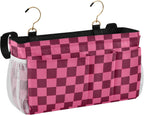 Checkered Hot Pink Bedside Caddy for Dorm Bed Bedside Hanging Caddy Bag Iron Frame Storage Organizer Pocket for Bunk Home College Hospital Beds 2 Hooks