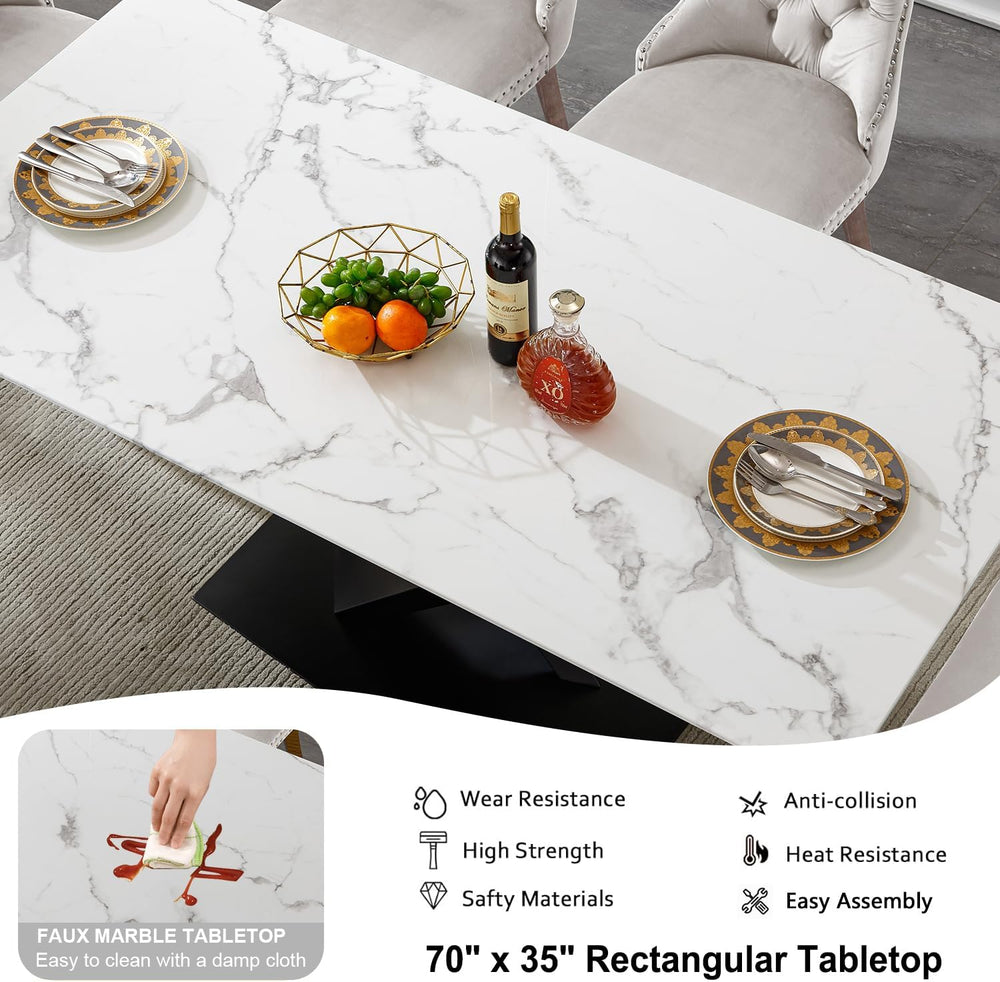 70in Faux Marble Dining Table for 6-8 Person, Modern White Kitchen Dining Roo...