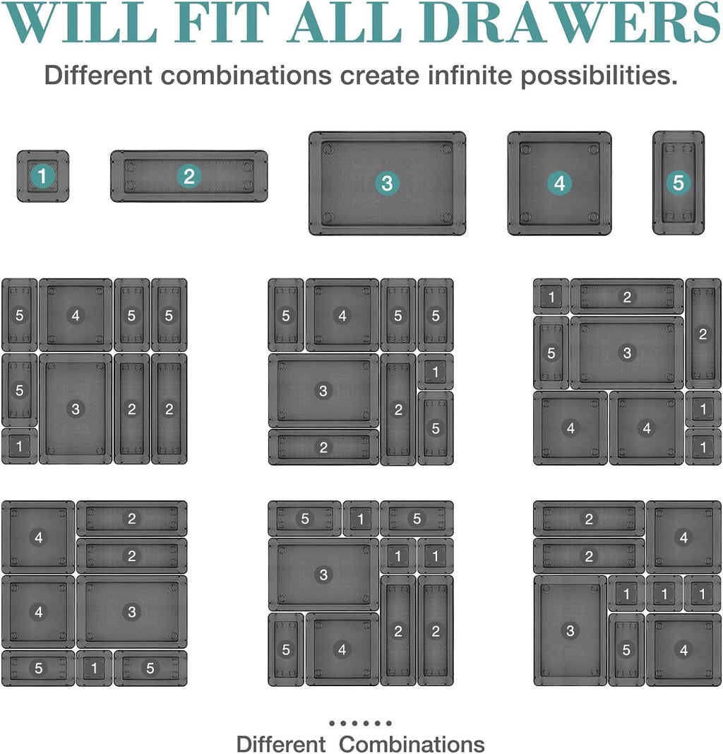 16 PCS Drawer Organizer Set, 5 Varied Size Bathroom and kitchen Drawer cabinet organizer Trays, Clear Storage Bins for Makeup, Jewelry, Utensils and Gadgets, Black