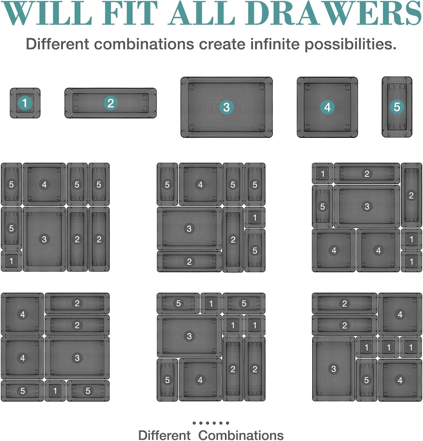 16 PCS Drawer Organizer Set, 5 Varied Size Bathroom and kitchen Drawer cabinet organizer Trays, Clear Storage Bins for Makeup, Jewelry, Utensils and Gadgets, Black
