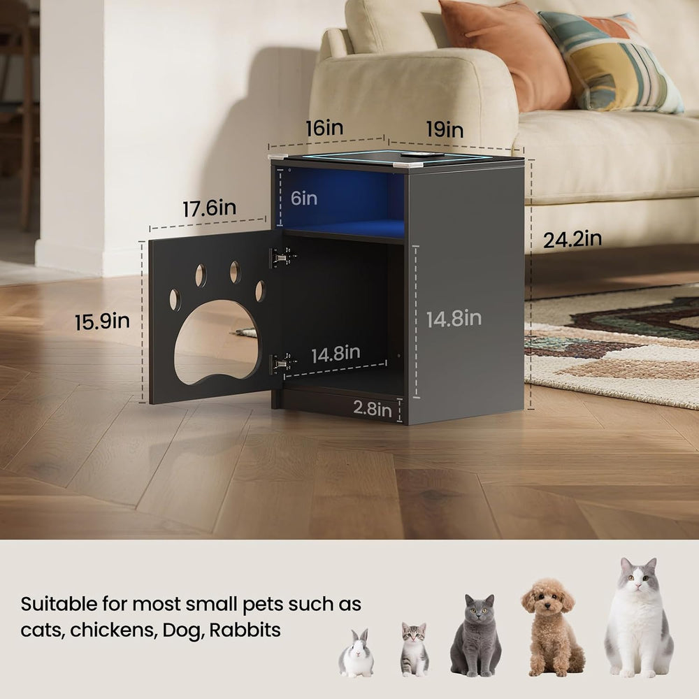 Cat House Night Cabinet with Charging Station & LED Lights, Modern Wooden...