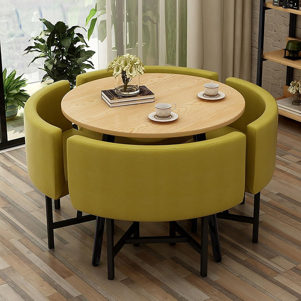 Cotton and Linen Table and Chair Set,Round Kitchen Dining Table Set for 4,Office Negotiation Table and Chair Combination,with 1 Table and 4 Chairs,for Balcony Living Room Dining.