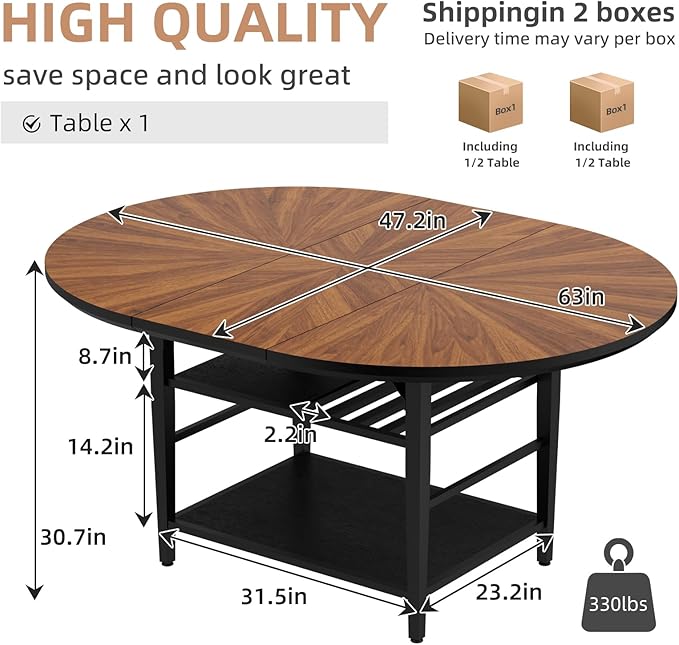 VFK 47.2"-63" Extendable Round Dining Table Set for 4–6, Solid Wood & Metal Table with Wine Rack Storage Shelf, Walnut Kitchen & Dining Room Furniture (1 Storage Table)