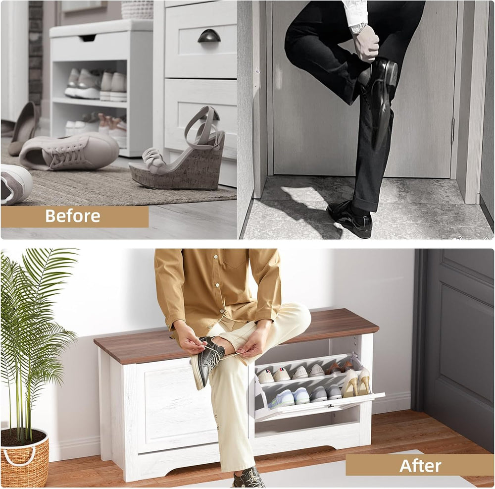 Shoe Storage Bench with Seat, Entryway Shoe Cabinet with Drawers | Flip Drawe...