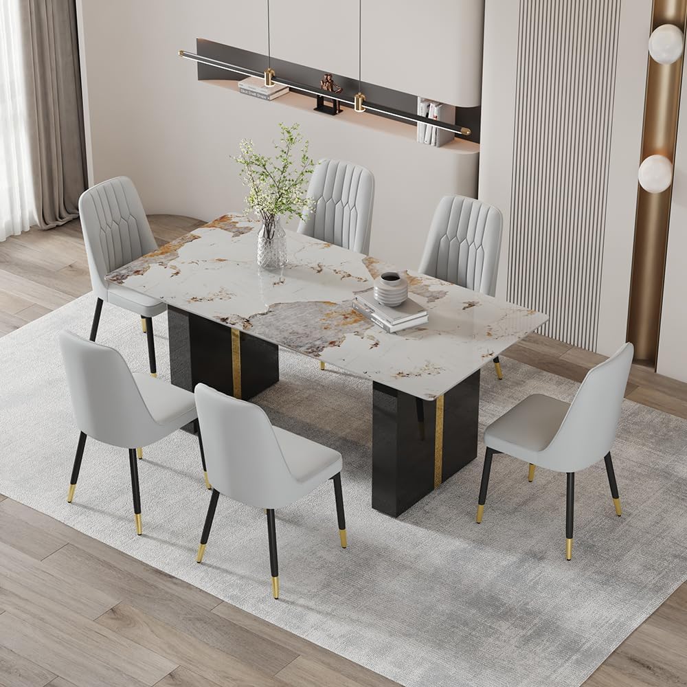 7 Piece Dining Table Set，71" Morden Faux Marble Dining Room Table Set fo...