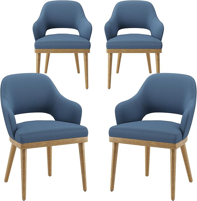 Wooden Dining Chairs Set of 4, Modern Fabric Upholstered Dining Room Chair, Kitchen Side Chairs, Farmhouse Dinner Chair with Open Back for Kitchen, Blue