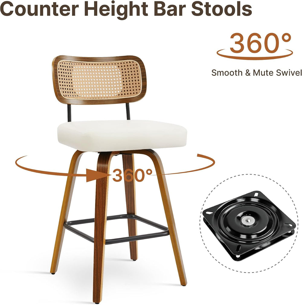 Swivel Bar Stools Set of 3, 26" Counter Height with Rattan Back, Ivory