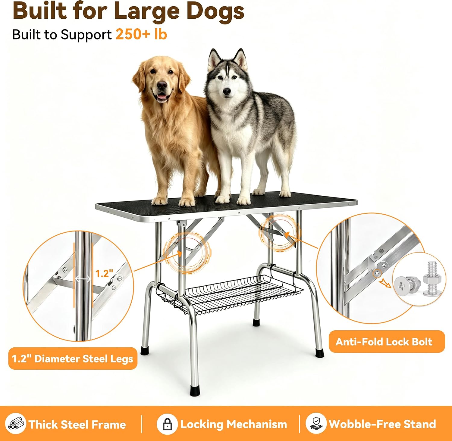 46" Foldable Dog Grooming Table with Adjustable H-Frame Arm & 2 Nooses, Heavy-Duty Stainless Steel Frame, Non-Slip Top, Tool Caddy and Mesh Tray, Black