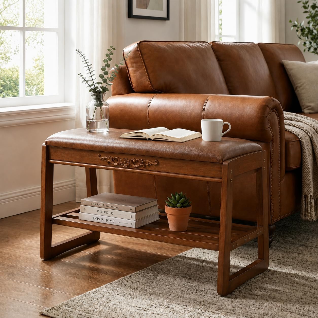 Shoe Storage Bench Shoe Rack Bench with Storage 2 Tier Wooden Shoe Rack | Solid wood shoe bench flip-top storage cushioned seat weight capacity of 550 lb side hooks walnut finish 39.4" W