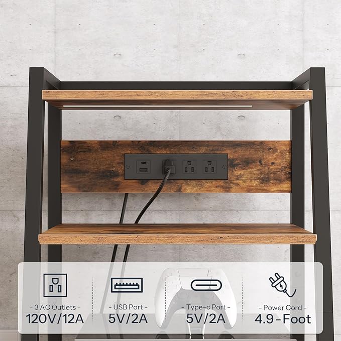 HOOBRO 4-Tier AV Media Stand with Charging Station and LED Light, Wooden Stereo Cabinet, Audio Tower Rack, Corner TV Stand, Record Player, Entertainment Device, Rustic Brown and Black BF106UDCJ01
