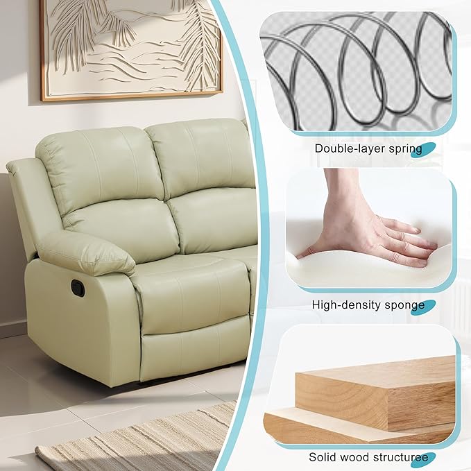 Recliner Sofa Set Couches for Living Room Chair Recycled Leather Fabric Living Room Furniture Sets, Adjusted Loveseat Reclining Couch Furniture Sofa Set for Theater Seating, 3-Seater, Beige